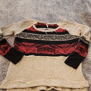 Free People Gray and Red Patterned Sweater